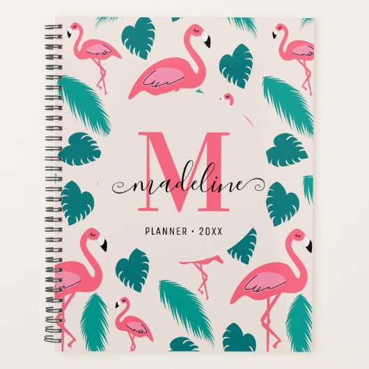 Cute Monogram Tropical Leaves Hot Pink Flamingo Planner (Voorkant)