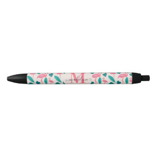 Cute Monogram Tropical Leaves Hot Pink Flamingo Zwarte Inkt Pen