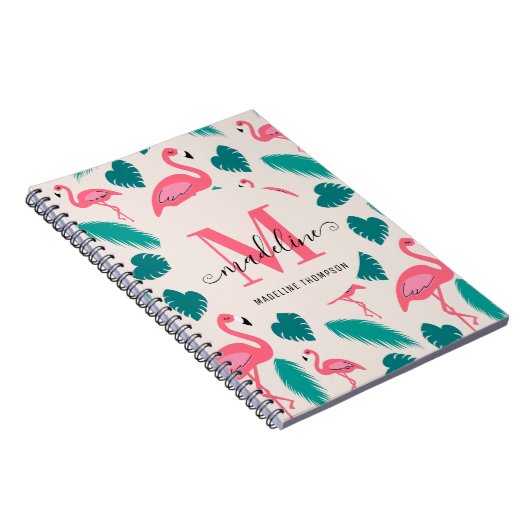 Cute Monogram Tropische Bladeren Roze Flamingo Notitieboek (Rechterzijde)