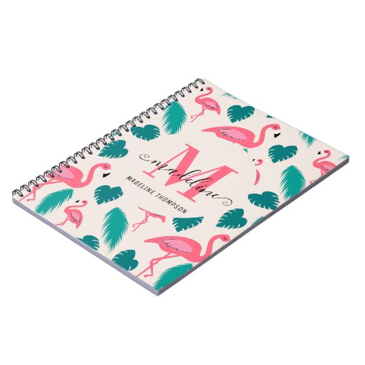 Cute Monogram Tropische Bladeren Roze Flamingo Notitieboek (Linkerzijde)