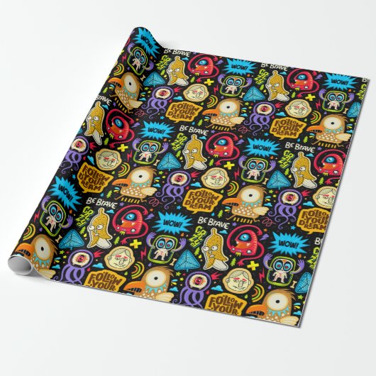Cute Monster Pattern Wrapping Paper Cadeaupapier (Uitgerold)
