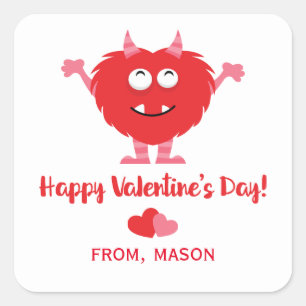 Cute Monster Red en Roze Hearts Valentijnsdag Vierkante Sticker