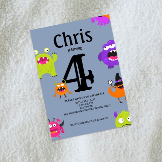 Cute Monsters 4e Invitation anniversaire