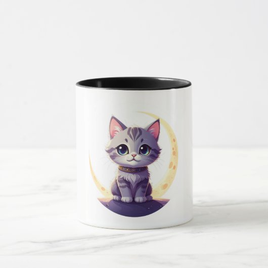 Cute Moon Cat Mug – Magical Kitten on CrescentMoon (Centre)