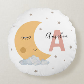 Cute Moon & Clouds Round Nursery Pillow Pink Initi Rond Kussen