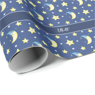 Cute Moon en Stars Pattern Blue Baby shower Cadeaupapier
