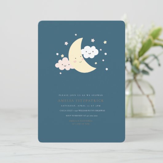 Cute Moon et Star Baby shower Invitation Marine (Debout devant)