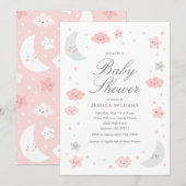 Cute Moon & Stars Invitation Baby shower de fille (Devant / Derrière)
