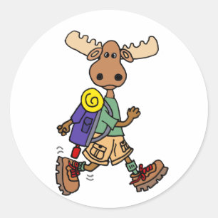 Cute Moose Hiker Cartoon Ronde Sticker