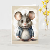 Cute Mouse Blue Jacket Portrait Carte de vœux vier (Fleur jaune)