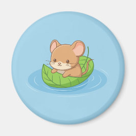 Cute Mouse in a Leaf Boat Blue Magneet