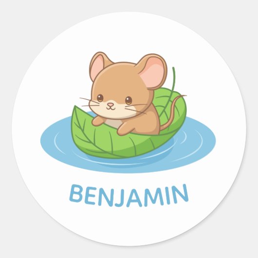 Cute Mouse in a Leaf Boat Custom Name Ronde Sticker (Voorkant)