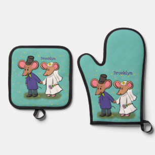 Cute mouse-paar cartoon illustratie ovenwant & pannenlap set