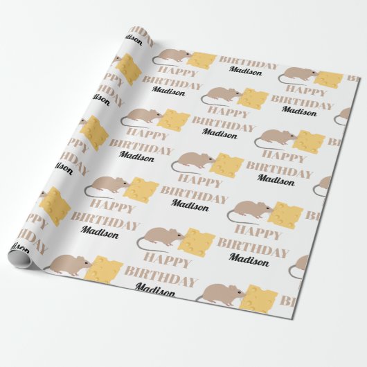 Cute Mouse Rodent Eating Cheese Birthday Cadeaupapier (Uitgerold)