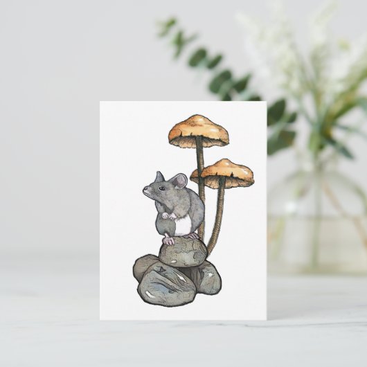 Cute Mouse Standing on Rocks, with Mushrooms Briefkaart (Staand voorkant)