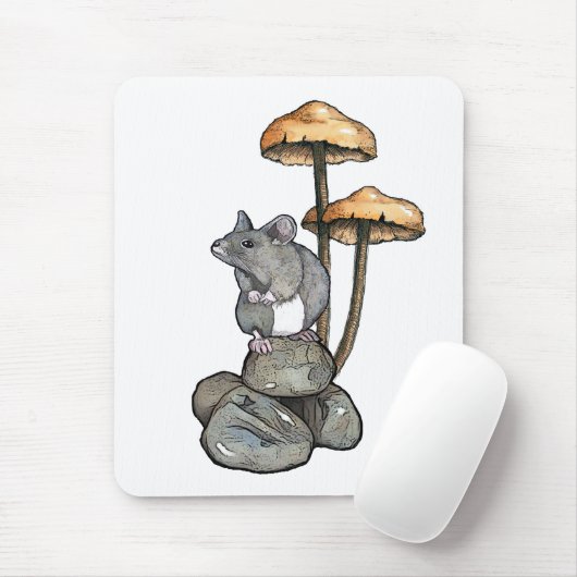 Cute Mouse Standing on Rocks, with Mushrooms Muismat (Met muis)