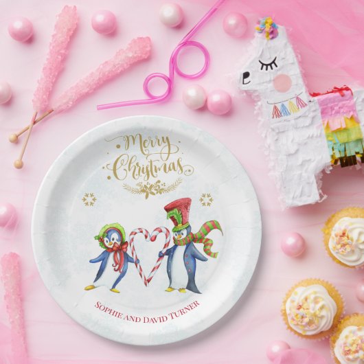 Cute Mr en Mrs Penguins Merry-kerstscript Papieren Bordje (Feest)