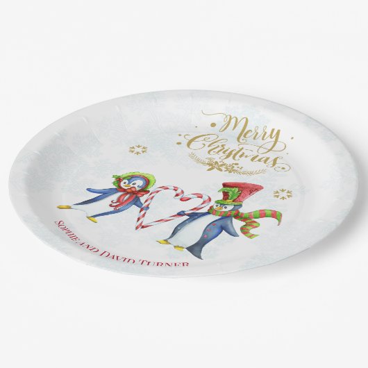 Cute Mr en Mrs Penguins Merry-kerstscript Papieren Bordje (Gekanteld)