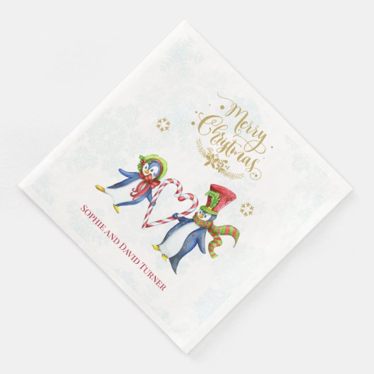 Cute Mr en Mrs Penguins Merry-kerstscript Servet (Hoek)