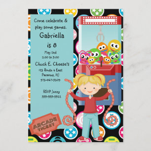 Cute, Multi Color, Arcade Birthday Girl Invitation Kaart