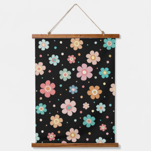 Cute Multicolor Flower Pattern on Black Hangend Wandkleed