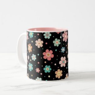 Cute Multicolor Flower Pattern on Black Tweekleurige Koffiemok