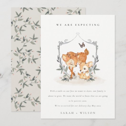 Cute Mum Deer Fawn Floral Crest Baby Faire-part (Devant / Derrière)