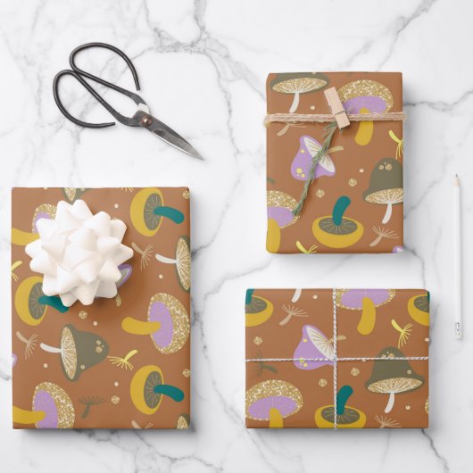 Cute Mushroom Pattern Autumn Gold Glitter Inpakpapier Vel (Voorkant)