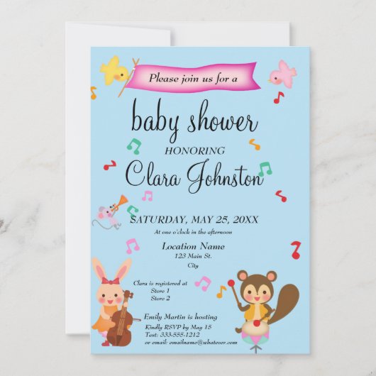 Cute Musical Animals Baby shower Invitation Kaart (Voorkant)