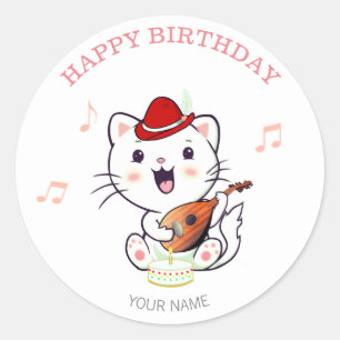 Cute Musical Cat met Mandolin Birthday Ronde Sticker