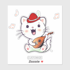 Cute Musical White Cat met Mandolin Sticker