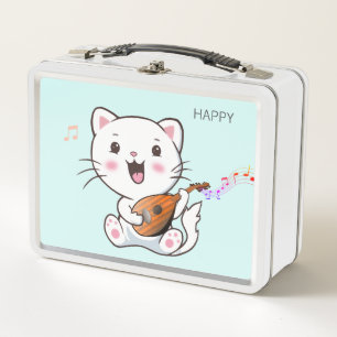 Cute Musical White Cat Metal Lunch Box