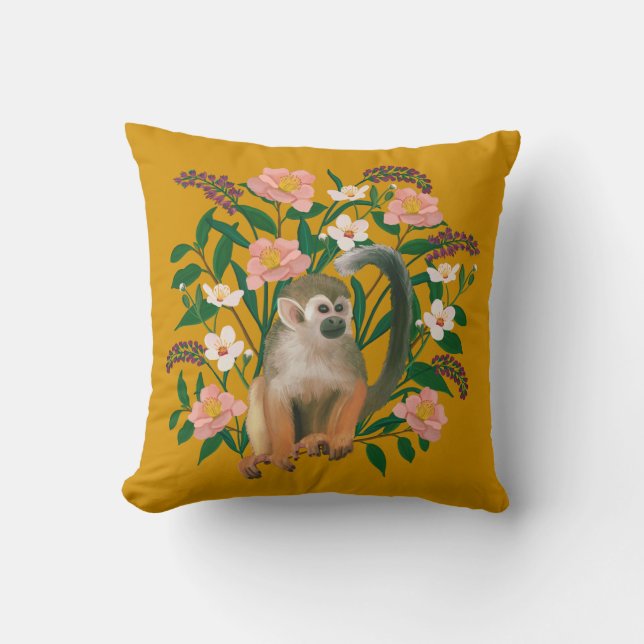 Cute Mustard Botanical Floral Squirrel Monkey Kussen (Voorkant)