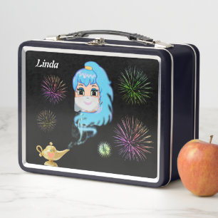 Cute mystic genie, magische lamp & vuurwerk op zwa