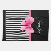 Cute Name Pink Ribbon Black White Stripes Pattern Theedoek (Horizontaal)