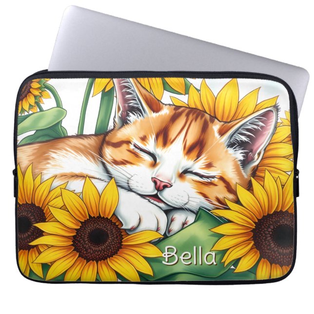 Cute Napping Kitten and Sunflowers Personalized Laptop Sleeve (Voorkant)