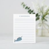 Cute Narwhal in Blue Specialized Kinderen Lined Bedankkaart (Staand voorkant)