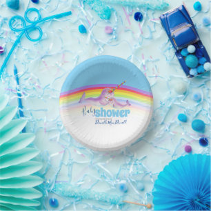 Cute narwhal moeder babyblauwe regenboog baby show papieren kommen