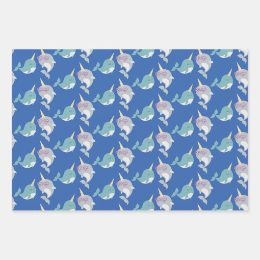 Cute Narwhal Whimsical Cartoon Pattern in Blue Inpakpapier Vel (Voorkant 3)