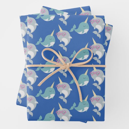 Cute Narwhal Whimsical Cartoon Pattern in Blue Inpakpapier Vel (In situ)