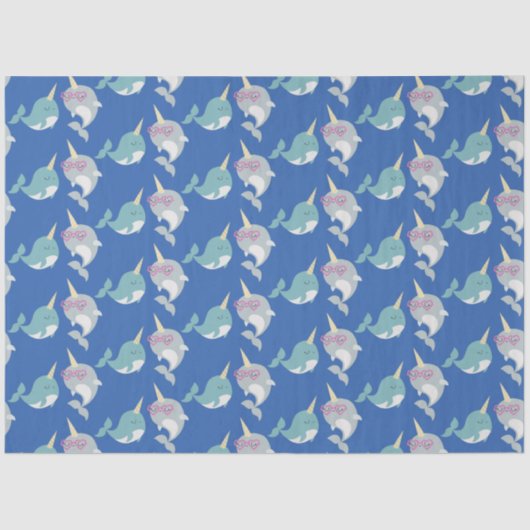 Cute Narwhal Whimsical Cartoon Pattern in Blue Tissuepapier (Voorkant)