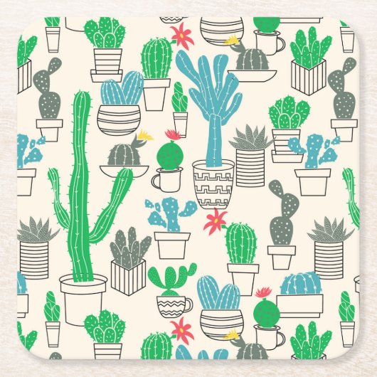 Cute Natural Floral Cacti Pattern Vierkante Kartonnen Onderzetter (Voorkant)