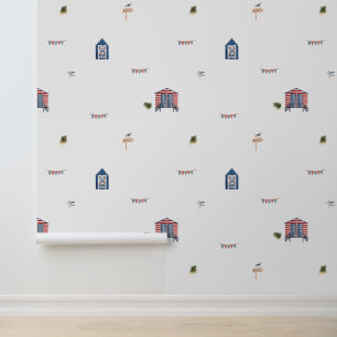 Cute Nautical Beach Hut Pattern Wallpaper Behang