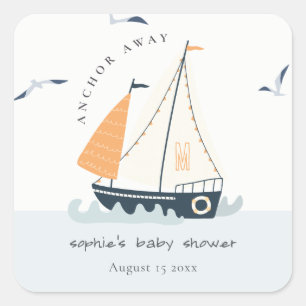 Cute Nautical Blue Sailboat Pastel Baby shower Vierkante Sticker