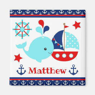 Cute Nautical Blue Whale and Anchors Pattern Magneet