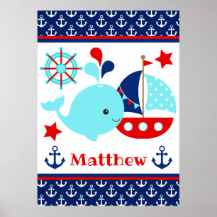 Cute Nautical Blue Whale and Anchors Pattern Poster