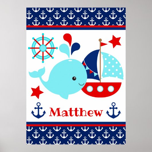 Cute Nautical Blue Whale and Anchors Pattern Poster (Voorkant)