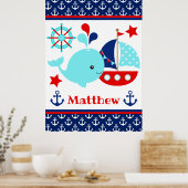 Cute Nautical Blue Whale and Anchors Pattern Poster (Keuken)