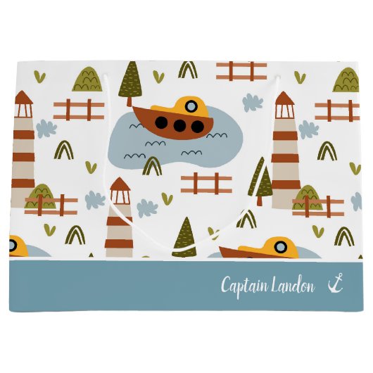 Cute Nautical Lighthouse and Boat Kind Pattern Groot Cadeauzakje (Voorkant)