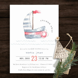 Cute Nautical Pastel Red Blue Sailboat Baby shower Kaart